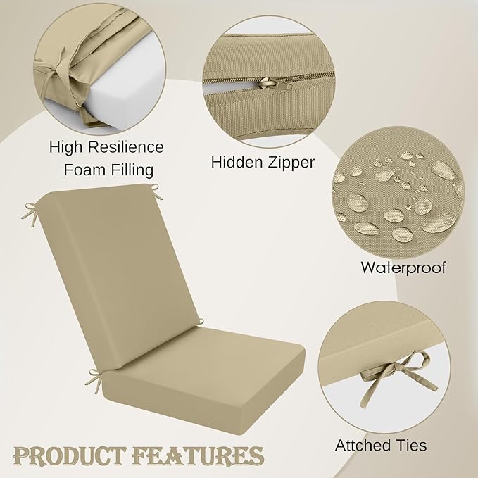 idee-home Outdoor Dining Chair Cushion, Patio Seat Cushion High Back Waterproof Seat Pads with Removable Cover, Indoor Chair Pads Deep, Antique Beige