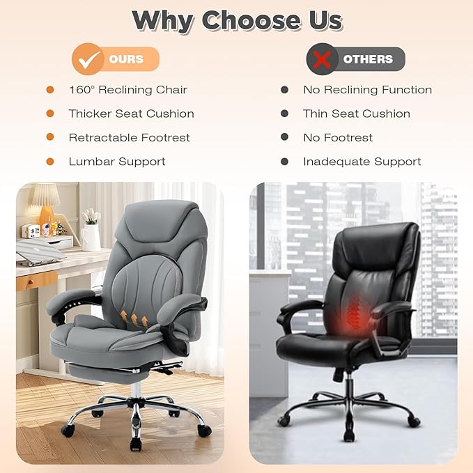 Ergonomic Fully Reclining Office Chairs with Back Support Footrest, PU Leather Wide Seat Comfortable Recliner Office Desk Chair with Leg Rest, Grey