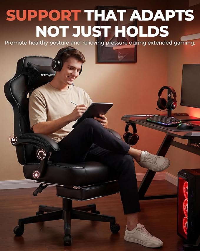 GTPLAYER Gaming Chair with Footrest, Big and Tall Game Chair 350lb Racing Style Computer Chair, Ergonomic Executive Office Chair High Back with Lumbar Support and Recliner, Black