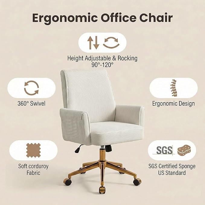 Striped Velvet Office Chair, 360° Swivel Ergonomic Task Chair with High Back, Gold Base and Wheels, Height Adjustable Modern Accent Chair for Home Office, Living Room, Study, Vanity Room (White)