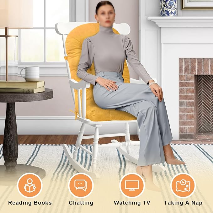 Rocking Chair Cushion - Chenille Fabric, High-Density Sponge, Durable Comfort Non-Slip Bottom Tufted Seat Pads with Ties, Chenille︱Yellow, 44x19x4 inch