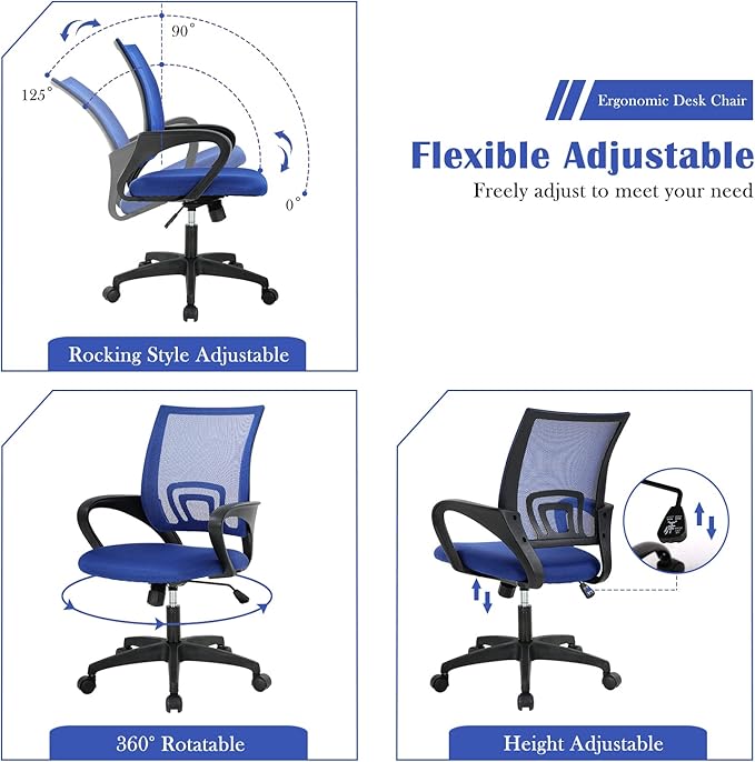 MKDLUFEI Office Chair, Adjustable Ergonomic Computer Task with Lumbar Support Mid Back Mesh Task with Backrest for Home Office Work Student, Adults, Blue