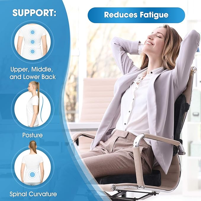 Memory Foam Lumbar Pillow and Seat Cushion Combo, Ergonomic, Orthopedic, Lower Back Support, Premium Washable Velvet Covers with Non-Slip Bottom, Ideal for Office Chairs and Car Seats (Black)