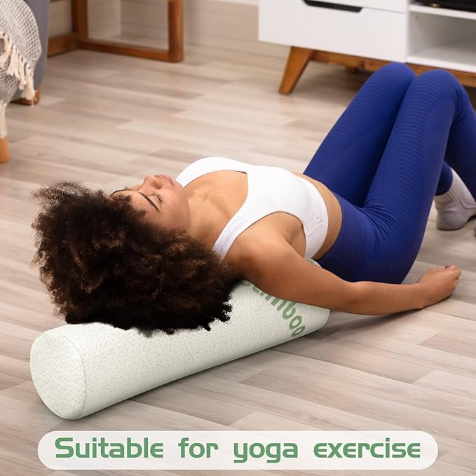 Bucherry 2 Pcs 18 x 4 Inches Cervical Neck Roll Memory Foam Pillow Cylinder Bolster Pillow for Bed Round Neck Support with Removable Washable Cover for Sleeping Travel Yoga Legs Back Lumbar