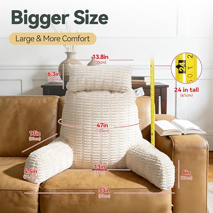 24" Large Reading Pillow with Detachable Neck Roll for Sitting in Bed Adult, Back Pillow with Blanket for Couch Bed Rest, Reading, Watching TV, Gaming