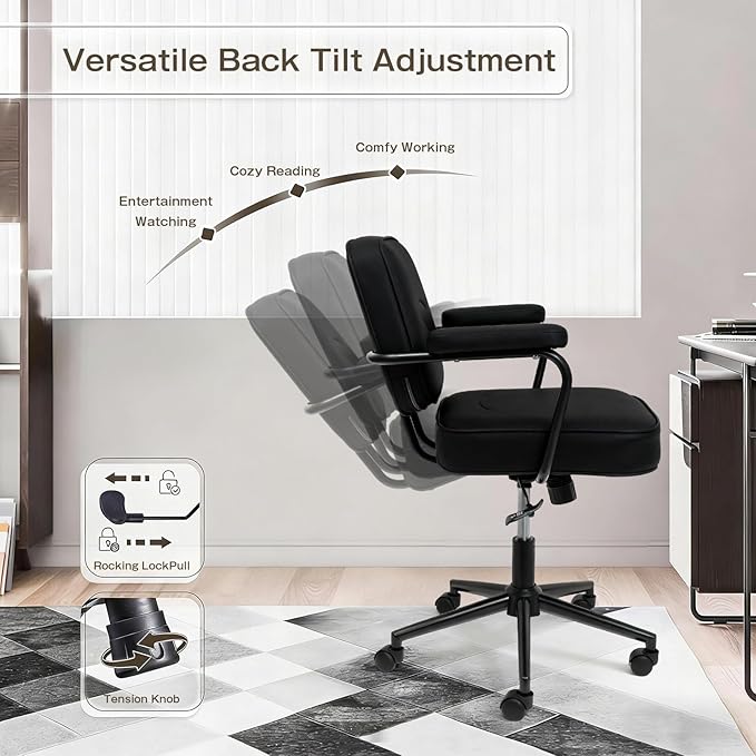 Home Office Chair, Ergonomic Desk Chair with Lumbar Support, Adjustable Height Rolling Swivel Task Chair with Armrests, PU Leather, for Meeting,Study Room Black