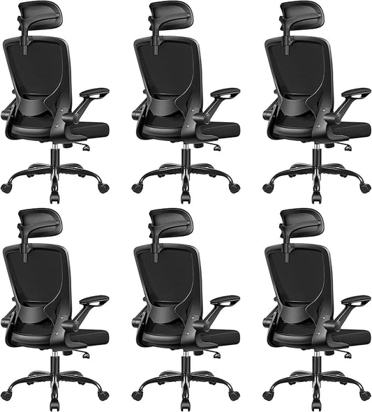 BESTFAIR Office Chair Ergonomic Desk Chair, Breathable Mesh Office Chairs with Adjustable Lumbar Support, Flip-Up Arms, Computer Desk Chair Comfy for Home Office, 6 Pack