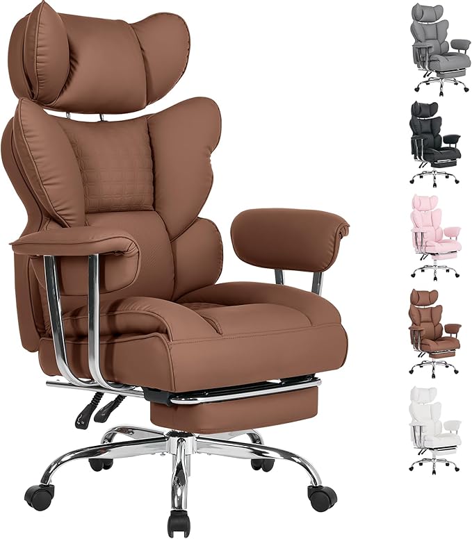 DUMOS Big and Tall Office Chair 350 LBS, Scratch-Resistant PU Leather Executive Office Desk Chair with Footrest, Ergonomic Reclining Computer Chair with Pocket Spring Support for Home Office, Brown