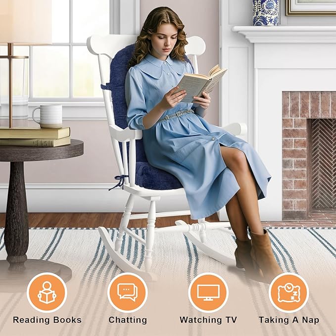Rocking Chair Cushion - Chenille Fabric, High-Density Sponge, Durable Comfort Double-Sided Tufted Seat Pads with Ties, Chenille︱Deep Blue, 44x19x4 inch