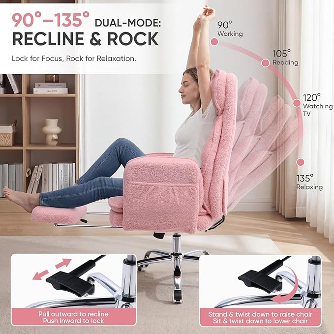 Big and Tall Office Chair with Flip Armrests, Cross Legged Office Chair with Storage Pockets, Comfortable Reclining Computer Chair with Foot Rest, Wide Home Desk Chair, Teddy Fleece, Pink