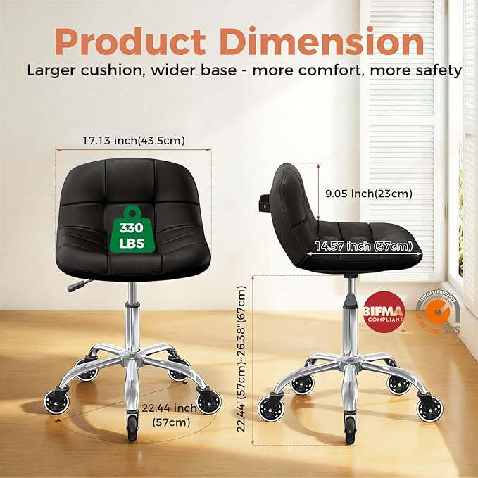 Rolling Stool Chair with Wheels, Height Adjustable Stool with Back Support, Office Drafting Chair with PU Leather Cushion for Home Office Kitchen Vanity Salon Garage Tattoo Dentist Esthetician(Black)