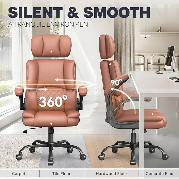 Executive Office Ergonomic Chair, Computer Chair with Adjustable Headrest,PU Leather Desk Chair,High-Back Swivel Task Chair for Home Office with Flip-Up Padded Armrests, 135°Reclining,Brown
