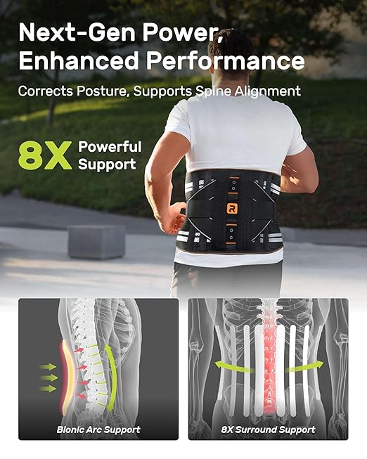 Rakiie Lower Back Brace for Women, Back Belt Support for Men with 8 Stays, Soft Lumbar Support with Full Protection, Orange Size XXL