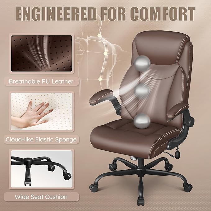 Ergonomic Office Chair, Home Desk Computer Chair, High Back Executive Chair，Padded Leather Ergonomic Computer Desk Chair with Inflatable Lumbar Support & Flip-Up Arms, Swivel Chair,Deepbrown