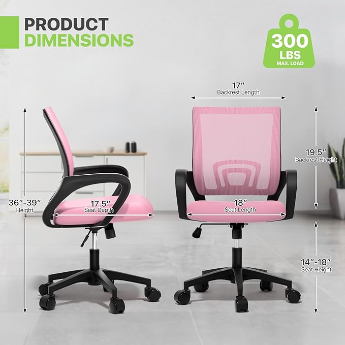Magshion Ergonomic Office Chair 20 Pack, Mid-Back Mesh Desk Chair, Adjustable Swivel Computer Chair with Lumbar Support & Breathable Backrest for Gaming, Work, Study, 300 Lbs Capacity, Pink