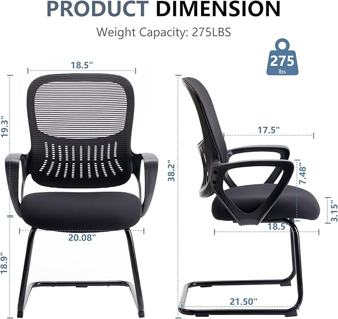 Yapamar Office Desk Chair No Wheels, Ergonomic Executive Sled Base Mesh Computer Chairs with Comfy Arms and Lumbar Support for Home Conference Room Bedroom - 2 Pack