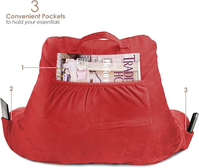 Clara Clark Reading Pillow with Shredded Memory Foam for Sitting Up in Bed and Couch, Back and Arms Adjustable Support for Adults & Teens Backrest Pillows for Reading, with Washable Cover Red