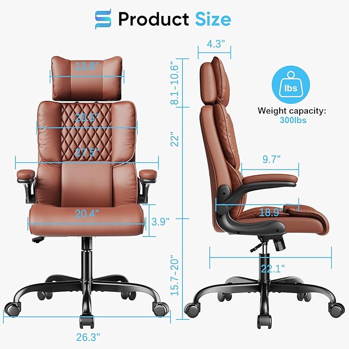 Sytas Ergonomic Office Chair with Adjustable Headrest, Executive Leather Desk Chair with Upgraded Lumbar Support for Lower Back Pain Relief, Thickened Backrest Computer Chair for Home Office, Brown