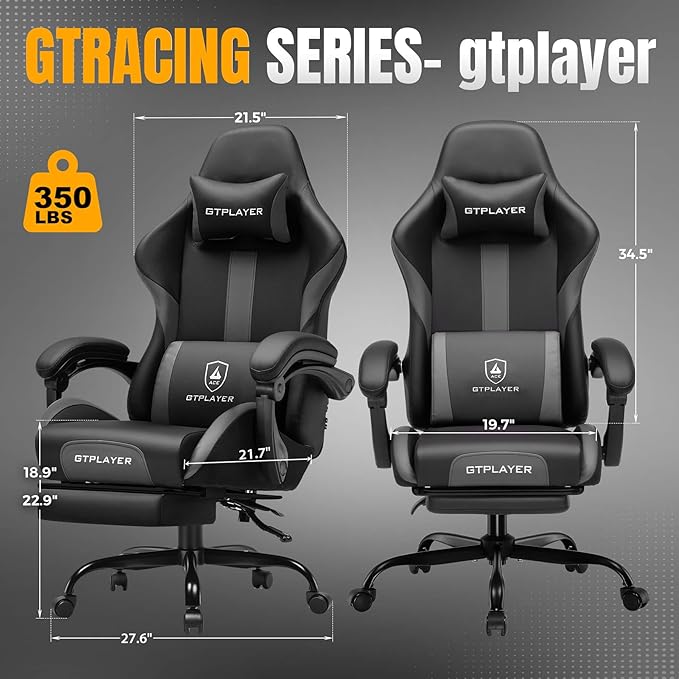 GTPLAYER Gaming Chair with Foot Rest & Pocket Spring Cushion, Ergonomic High Back Computer Chair with Headrest & 360°-Swivel Seat for Home Office Desk, PU Leather, Gray