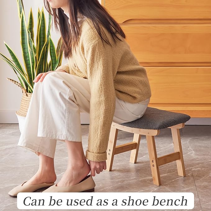 Kitsanery Foot Stool,Ottoman,Bamboo Small Sofa Foot Rest Under Desk,Extra Seating for Living Room, Bedroom and Kitchen (Natural Stool Legs - Gray Surface)