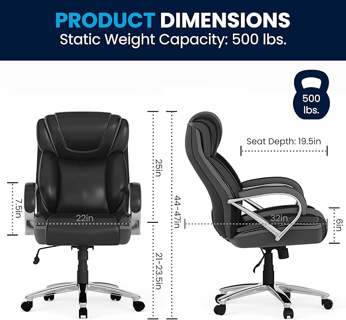 Flash Furniture HERCULES Series Big & Tall 500 lb. Rated Black LeatherSoft Executive Swivel Ergonomic Office Chair with Extra Wide Seat