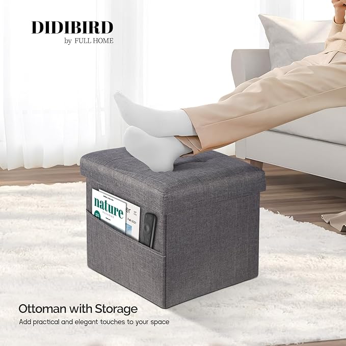 Storage Ottoman,Folding Ottomans with Storage,Linen Ottoman Foot Rest with Pocket,Foot Stool with Thicker Foam Padded for Living Room,Bedroom,Office,Dorm,287 lb Load Capacity,17x13x13in,Grey