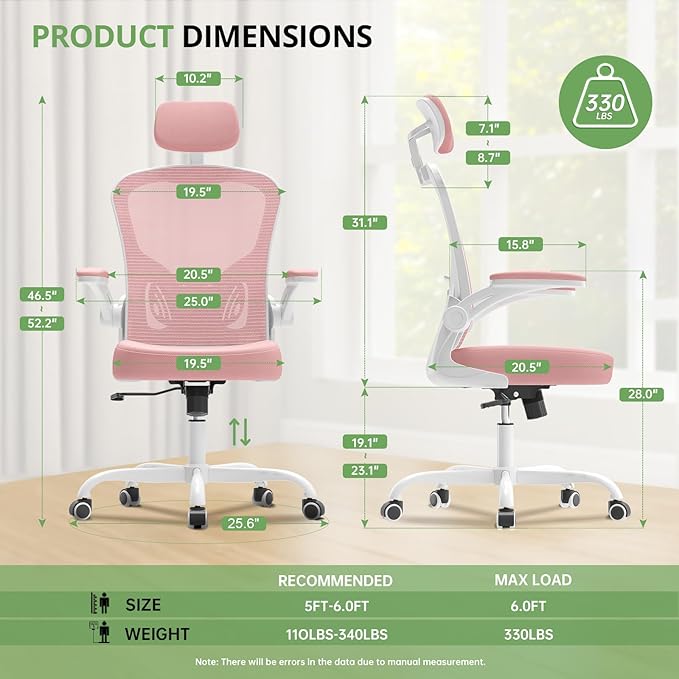 Office Chair Ergonomic Desk Chair, 330LBS Capacity, High Back Computer Design for Long Hours Comfort, Rolling Swivel Executive Task for Home Office with Flip-up Armrests, White Pink