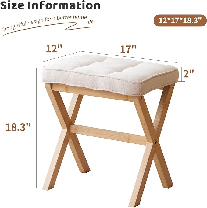 Foot Stool Small Ottoman Foot Rest Padded Foot Stool Desk for Under Office Desk Vanity Stool Bamboo Footstool Sofa Footrest Shoe Stool Small Foot Stools (Natural Legs + Beige)
