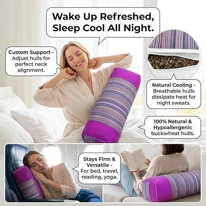 Buckwheat Pillow & Cervical Pillows for Sleeping (21x8x3inch) 100% Organic Coarse Cloth Package w Organic Buckwheat Hulls, Natural Cooling Technology and Relieve Cervical Pain. (Purple)