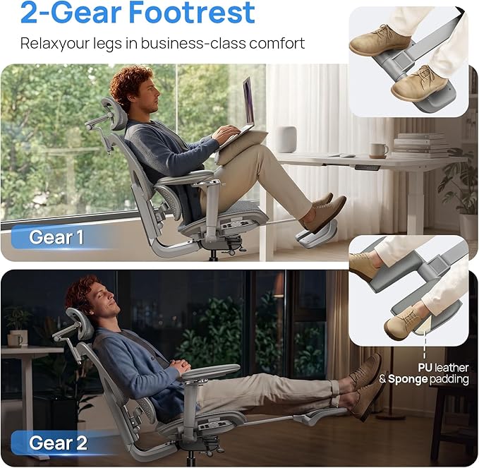 Ergonomic Office Chair with Lumbar Support - Over 10 Hours Sitting Comfortable, Mesh Big and Tall Home Computer Desk Chairs, 4D Headrest, 2-Gear Footrest, 630° Armrst, Seat Depth Adjustable