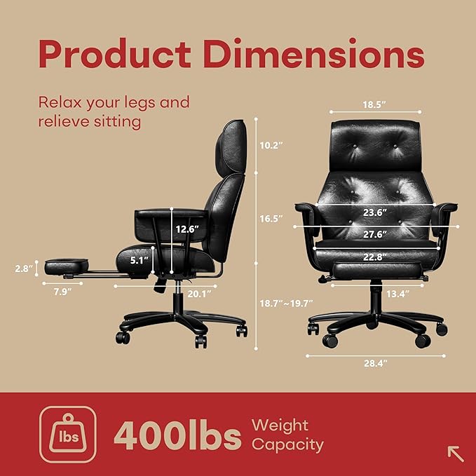 SeekFancy Criss Cross Chair with Wheels and Arms, Reclining Office Chair with Footrest and Wide Seat, Leather Big and Tall Desk Chair 400LBS, Button Tufted Vintage Design, Black