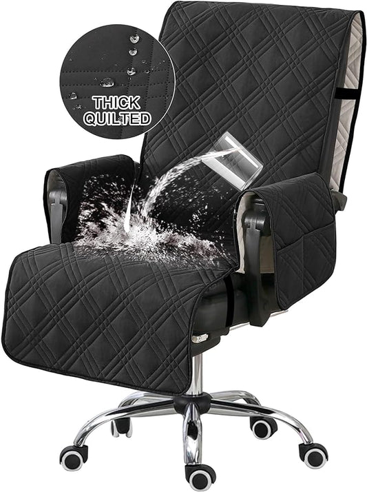 Turquoize Waterproof Office Chair Cover with Armrest Covers Black Computer Desk Chair Cover Quilted Office Chair Protector with Arms Office Chair Seat Cover Slipcover with Anti-Slip Buckle, Black