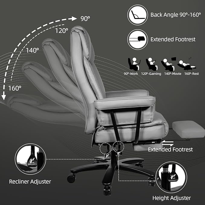 Reclining Office Chair with Footrest, Big and Tall Home Office Desk Chairs 400lbs with High Back, Criss Cross Wide Seat, Heavy Duty Base, Pu Leather, Grey
