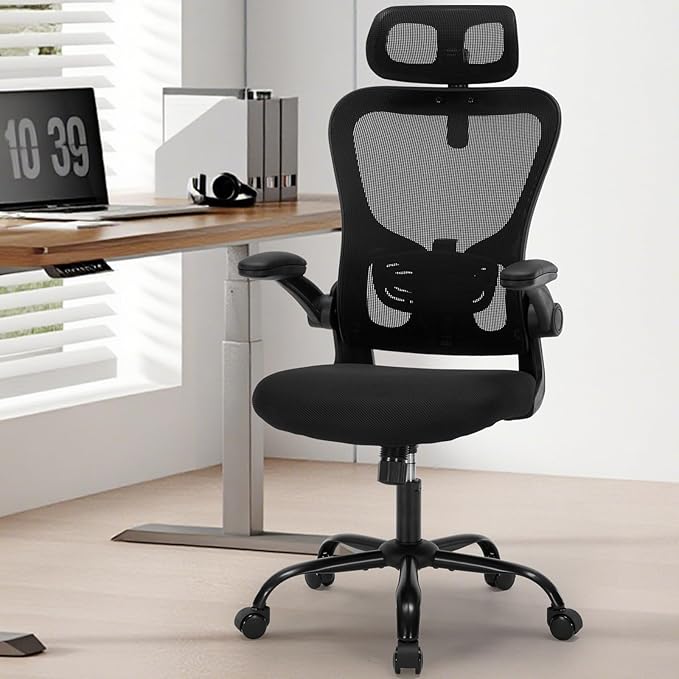 Office Chair Ergonomic Desk High Back Mesh Chair with Adjustable Lumbar Support & Headrest, Flip-Up Armrests, 300lbs Capacity Swivel Computer Chair for Home Office, Black