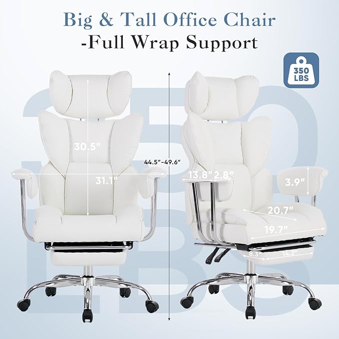 Big and Tall Office Chair 350 LBS, Scratch-Resistant PU Leather Executive Office Desk Chair with Footrest, Ergonomic Reclining Computer Chair with Pocket Spring Support for Home Office, Beige