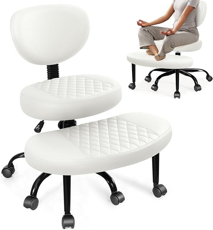 AtHope Ergonomic Cross Legged Office Chair with Wheels - Adjustable Height for Meditation, ADHD Desk & Yoga - Wide Criss Cross Design with Lumbar Support, Kneeling Chair - White