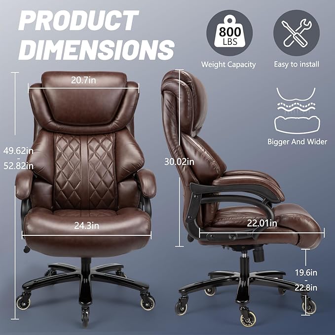 Big and Tall Office Chair 800lbs- High Back Executive Computer Chair for Heavy People with Adjustable Lumbar Support and Quiet Wheels- Large Desk Chair for Home Office