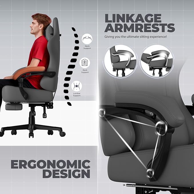 GTPLAYER Gaming Chair with Pocket Spring Cushion, Big and Tall Gamings Chairs 350LBS High Back Computer Chair with Footrest for Adults Lumbar Support Swivel Game Chair for Office, Leather Grey