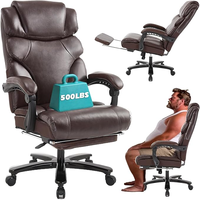 Heavy Duty Executive Office Chair, 550lbs Big and Tall Office Chair with Wide Seat, Reclining Ergonomic Desk Chair with Footrest PU Leather Computer Chair for Home Office, Red Brown
