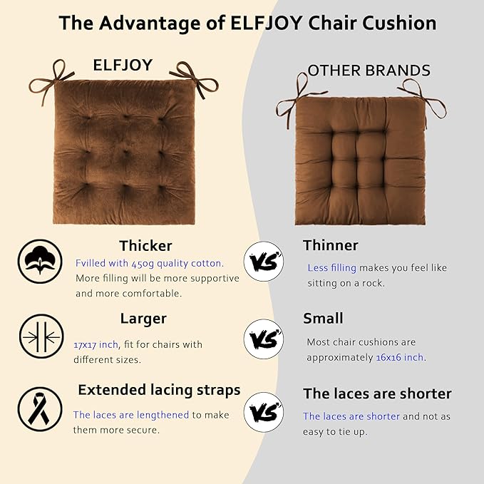 ELFJOY Rocking Chair Cushion Large Rocking Chair Pads with Ties Premium Tufted High Back and Seat Cushion 2 Piece Set Brown