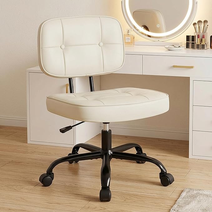 DUMOS Home Office Desk Chair - Ergonomic Armless PU Leather Computer Rolling Task Chair，with Comfy Lumbar Support and Height Adjustable, Vanity, Bedroom, Living Room, Beige