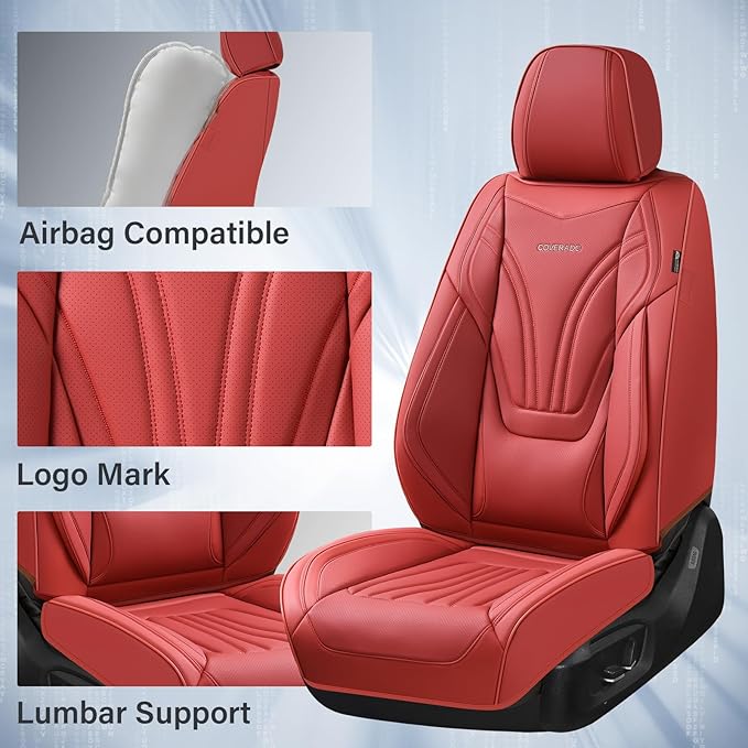 Coverado Car Seat Covers Front Seats, 2 Piece Car Seat Protector with Lumbar Support & Removable Headrest, Breathable Leather Seat Cushion Universal Fit for Truck Automotive Vehicles Red