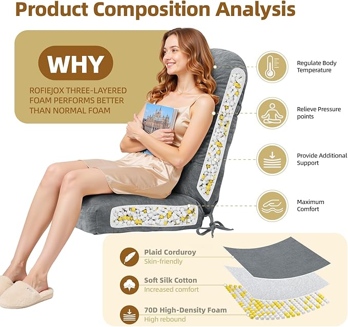 Rocking Chair Cushion - Chenille Fabric, High-Density Sponge, Durable Comfort Double-Sided Tufted Seat Pads with Ties, Chenille︱Pearl Light Grey, 44x19x4 inch