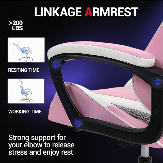 Gaming Chair PU Leather Massage PC Video Game Chair with Lumbar Support for Men Women, Home Office, Height Adjustable, Ergonomic, High Back, Pink