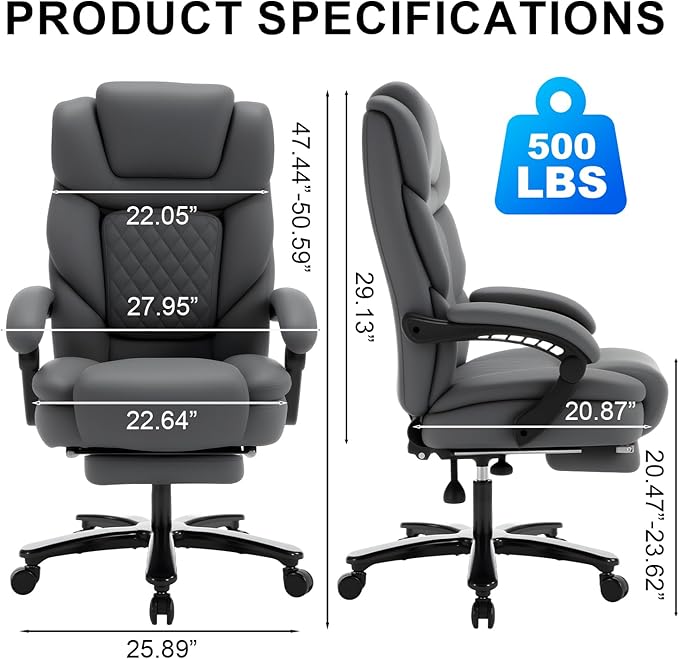 Heavy Duty Recliner Office Chair with Footrest, Wide Seat Big Tall Reclining Office Desk Chair for 500lbs Heavy People, Grey