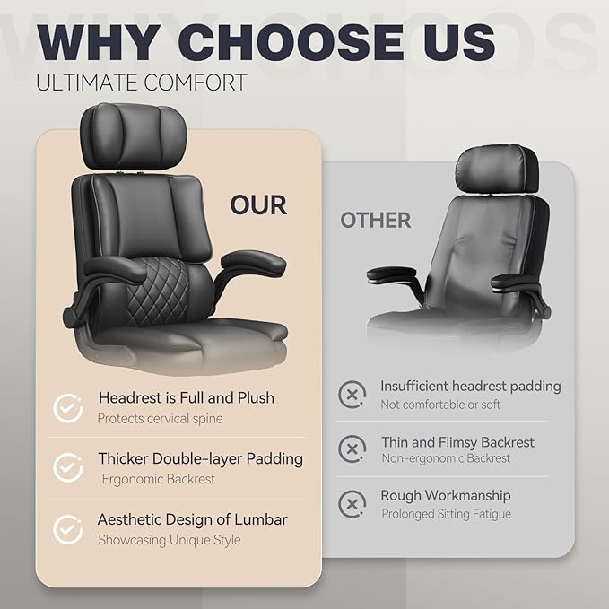 Executive Office Ergonomic Chair, Computer Chair with Adjustable Headrest,PU Leather Desk Chair,High-Back Swivel Task Chair for Home Office with Flip-Up Padded Armrests, 135°Reclining,Black