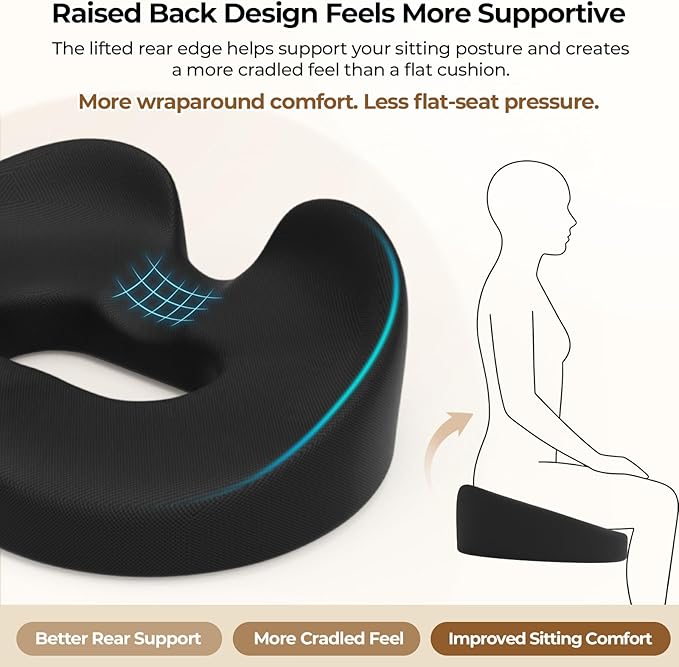 TushGuard Ergonomic Donut Pillow Seat Cushion with Raised Rear Support, Large Memory Foam Cushion for Tailbone, Hemorrhoids & Sciatica Relief, Office Chair, Car, Travel, Postpartum, Black