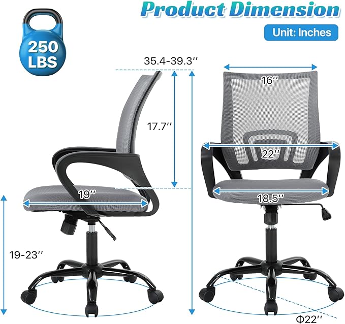 Ergonomic Office Chair Mesh Mid Back with Lumbar Support Armrest, Adjustable Home Desk Chair Comfy Computer Task Drafting Rolling Swivel Chairs for Gaming, Home Work, Study, Grey