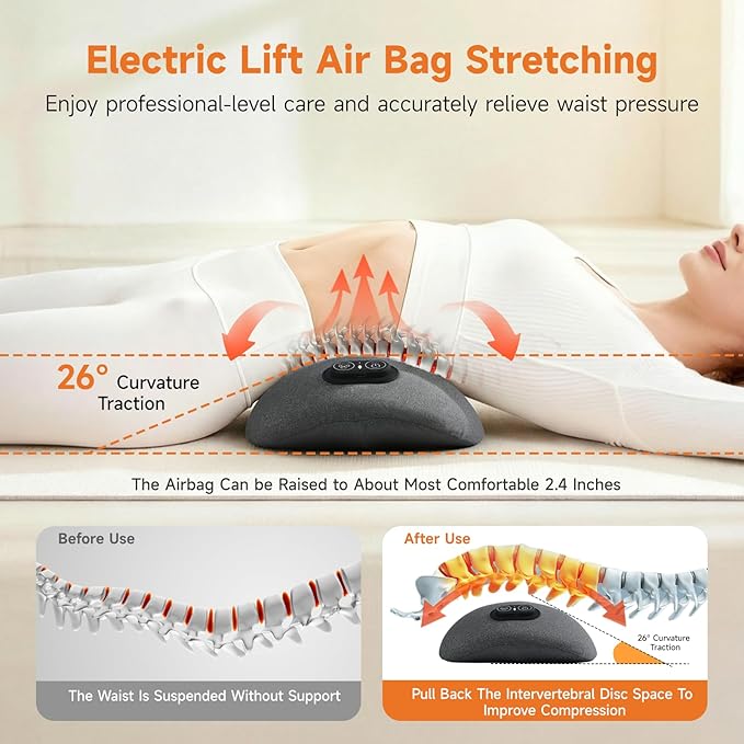 3-in-1 Electric Lumbar Support Pillow with Adjustable Height for Bed and Chair, Triple Fusion Cordless Back Massager with Heated, Vibration, Traction, Lower Back Pain Relief for Home & Office, Car