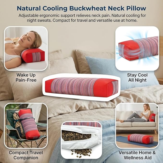 Adjustable Organic Buckwheat Pillow for Neck Pain Relief - Natural Cooling Cervical Support Bed Pillow for Side & Back Sleepers with Night Sweats (21x8x4 Red)